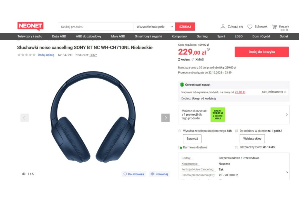 Słuchawki noise cancelling SONY BT NC WH-CH710NL