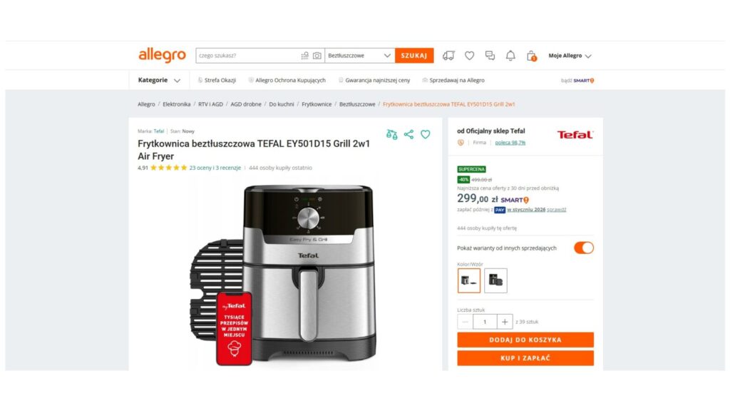 Frytkownica beztłuszczowa TEFAL EY501D15 Grill 2w1 Air Fryer