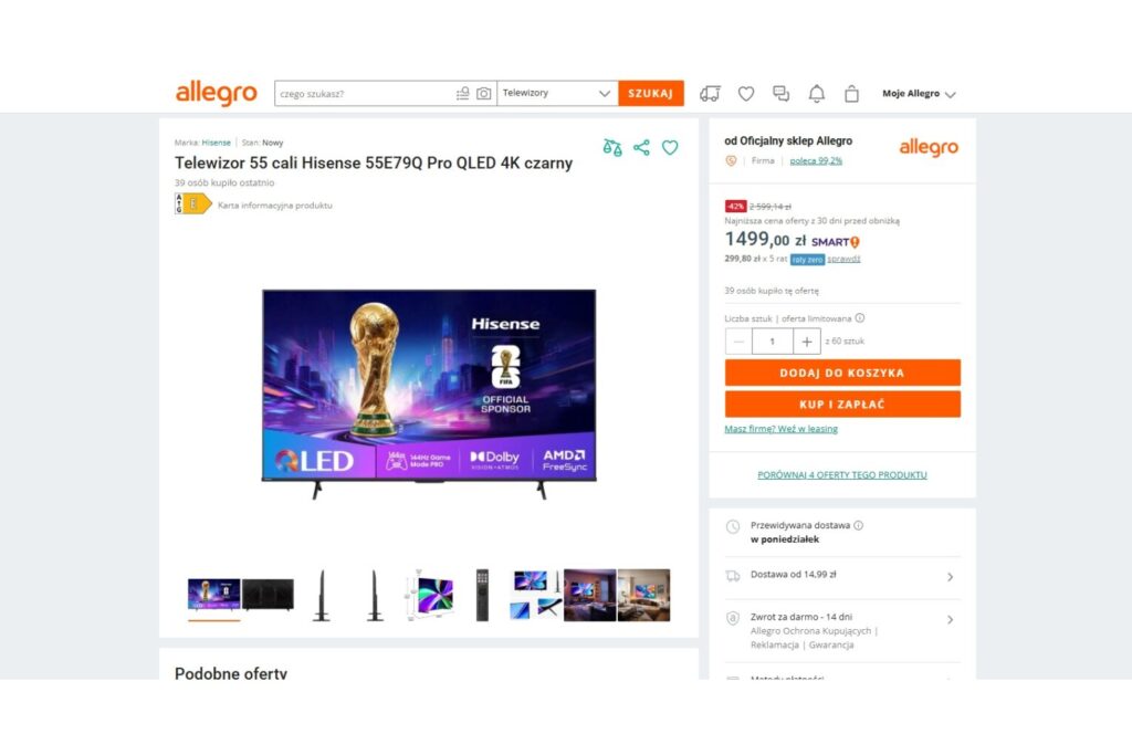 Telewizor Hisense 55E79Q Pro QLED w promocji Allegro