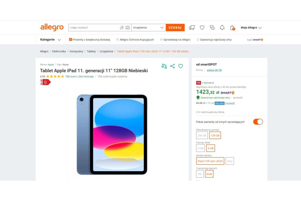 Tablet Apple iPad 11. generacji 11" 128GB Niebieski