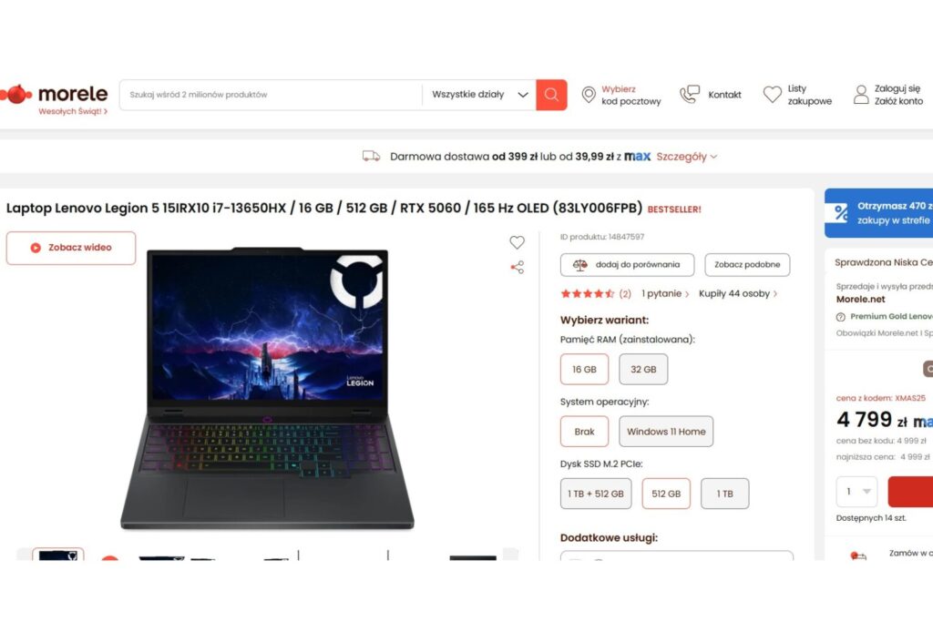 Laptop Lenovo Legion 5 15IRX10 i7-13650HX / 16 GB / 512 GB / RTX 5060 / 165 Hz OLED
