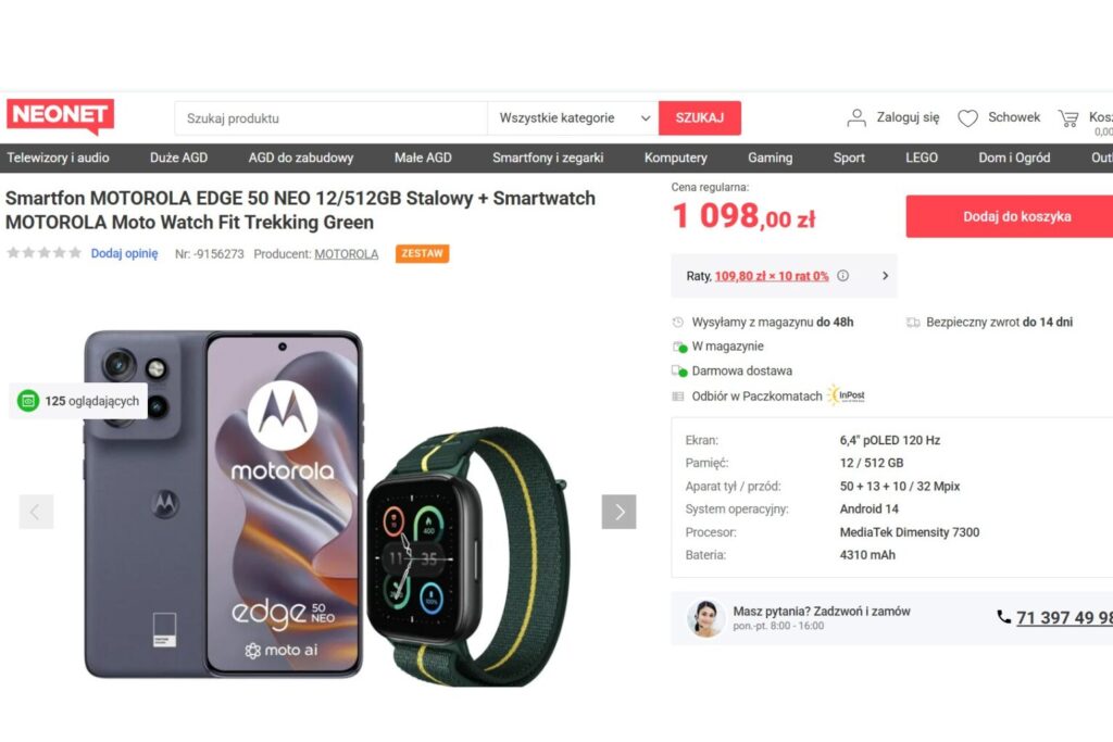 Smartfon MOTOROLA EDGE 50 NEO 12/512GB Stalowy + Smartwatch MOTOROLA Moto Watch Fit