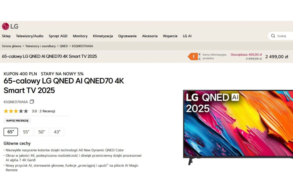 65-calowy LG QNED AI QNED70 4K Smart TV 2025