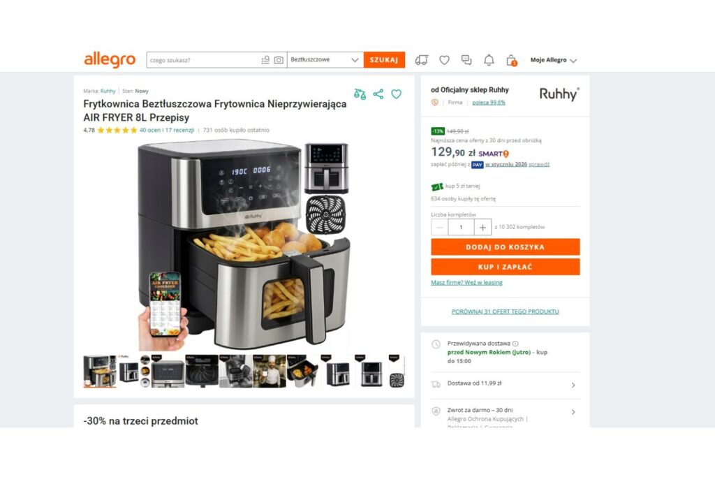 Frytkownica Beztłuszczowa Nieprzywierająca AIR FRYER 8L