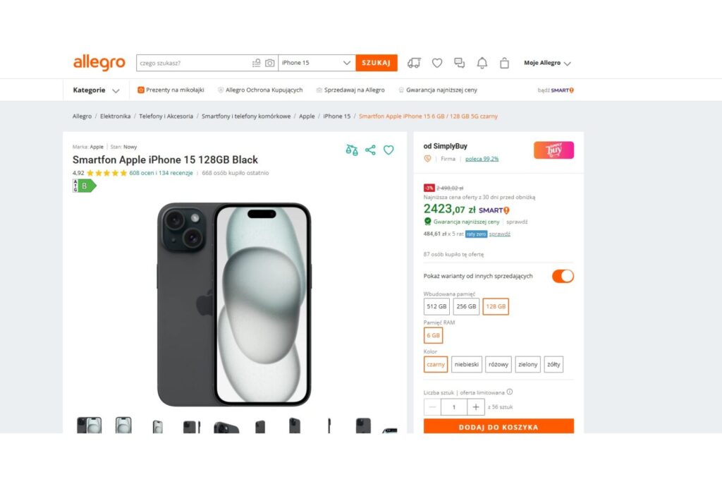 Smartfon Apple iPhone 15