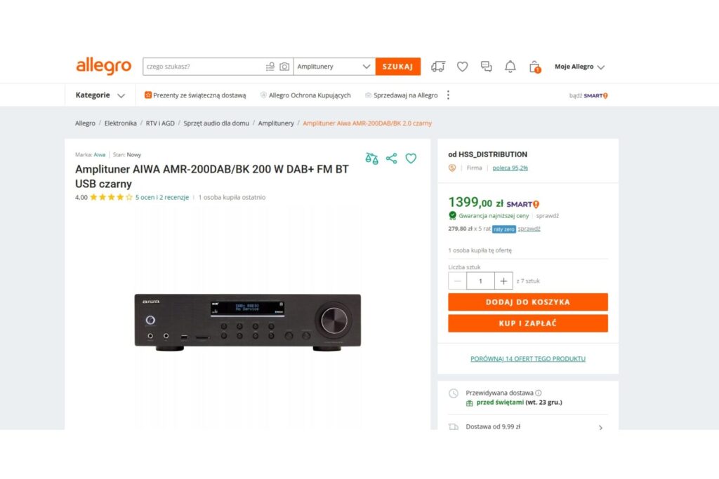 Amplituner AIWA AMR-200DAB/BK 200 W DAB+ FM BT USB czarny