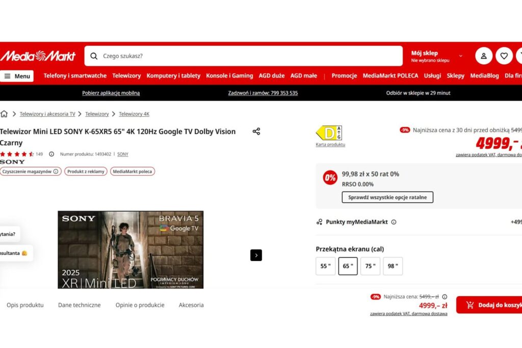 Telewizor Mini LED SONY K-65XR5 w MediaMarkt
