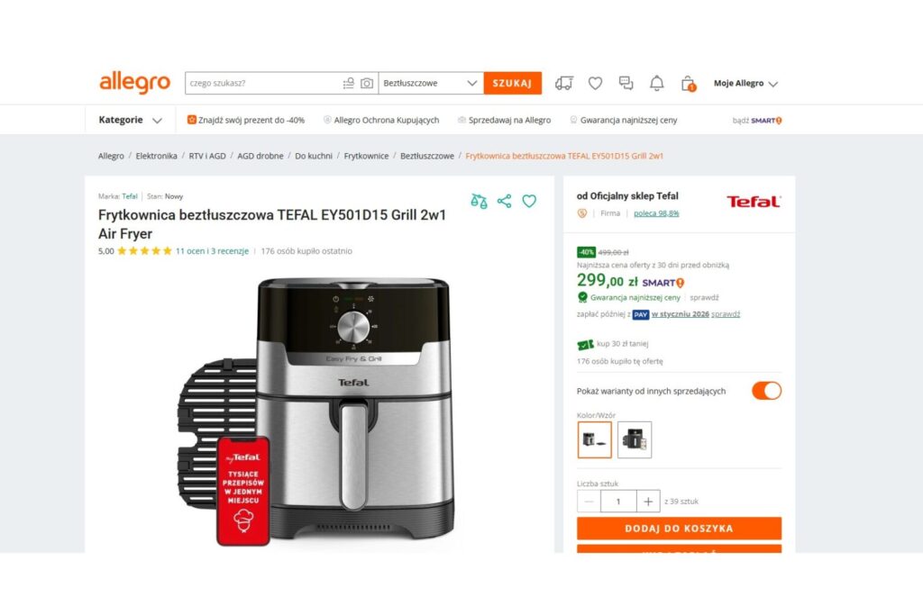 Frytkownica beztłuszczowa TEFAL EY501D15 Grill 2w1 Air Fryer