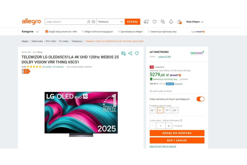 TELEWIZOR LG OLED C5 65 cali