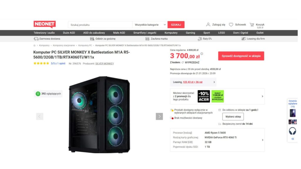 Komputer PC SILVER MONKEY X Battlestation M1A R5-5600/32GB/1TB/RTX4060Ti/W11x