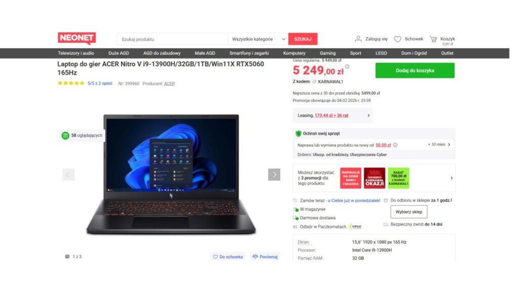 Laptop do gier ACER Nitro V i9-13900H/32GB/1TB/Win11X RTX5060 165Hz