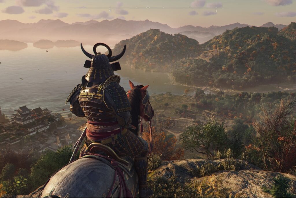 Screen z gry Assassins Creed Shadows. Samuraj stoi na koniu i patrzy przed siebie