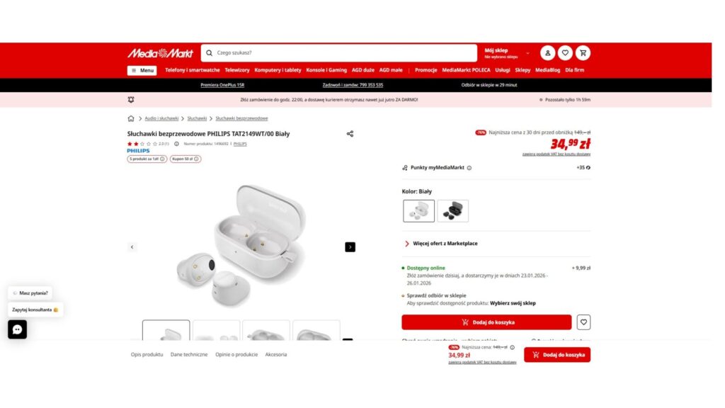 Słuchawki bezprzewodowe PHILIPS TAT2149WT/00