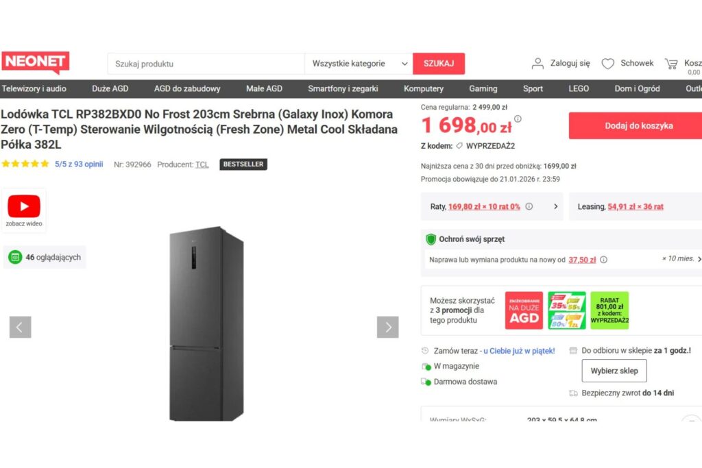 Lodówka TCL RP382BXD0 No Frost