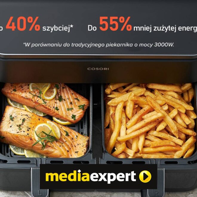 Dwukomorowy air fryer COSORI potaniał do 564 zł w Media Expert. Wnętrze jest podświetlane