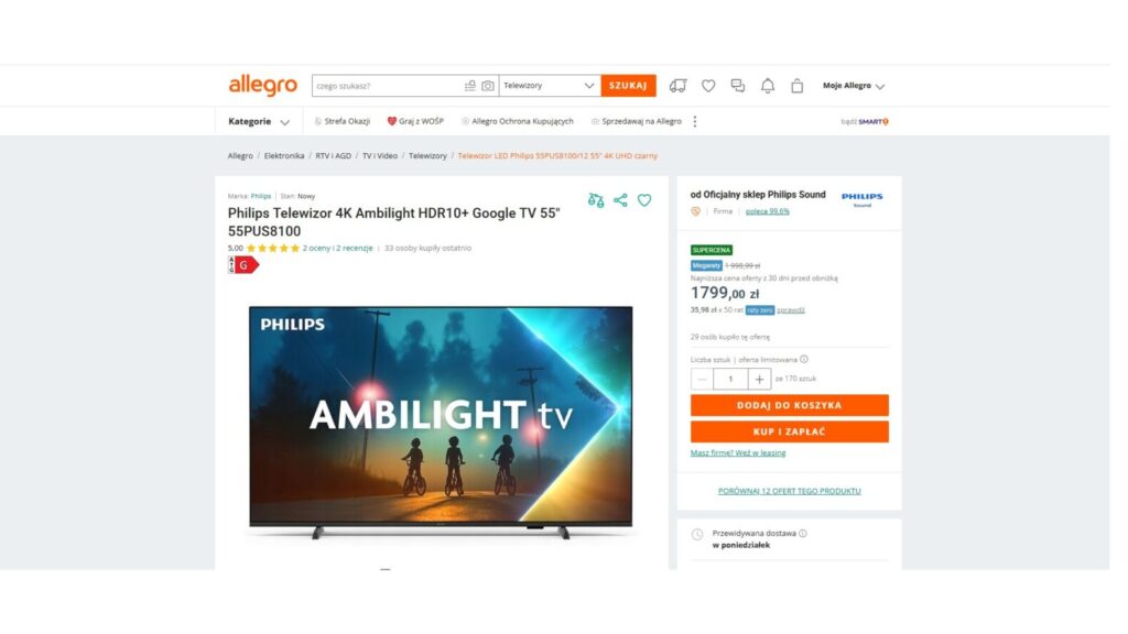 Philips Telewizor 4K Ambilight HDR10+ Google TV 55" 55PUS8100