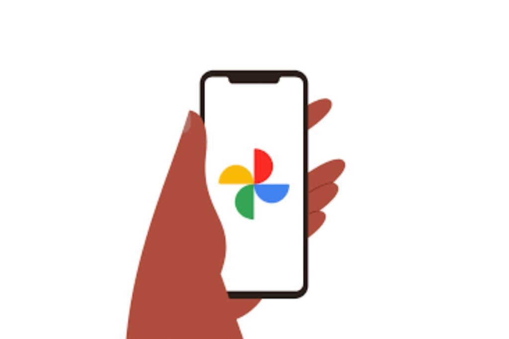 reka trzymająca telefon i logo google zdjecia na ekranie