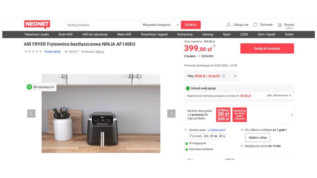 AIR FRYER Frytownica beztłuszczowa NINJA AF140EU