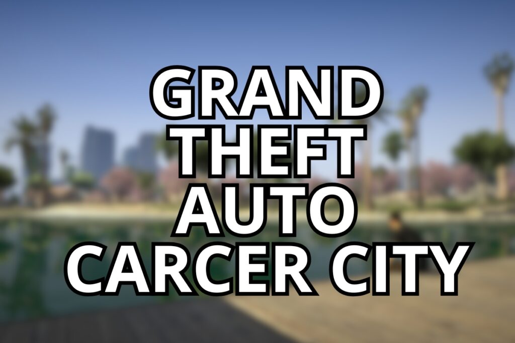 Zablurowany screen z GTA 5 i dodany napis "Grand Theft Auto Carcer City"