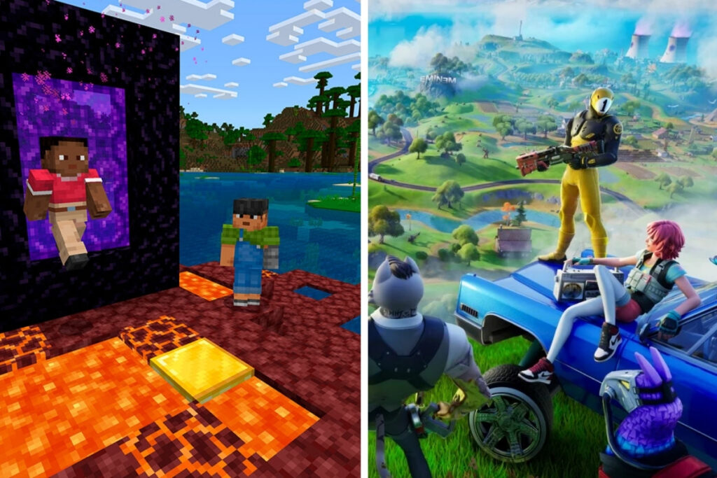 Po lewej screen z minecrfata i po prawej screen z fornite