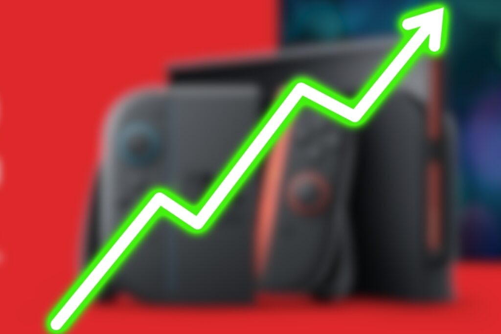Zablurowana knsola nintendo switch 2 i z przodu znak wzrostu