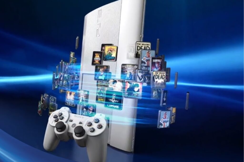 Gry na PlayStation 3. Widoczna konsola i gry okrążają konsolę. Widać również pada