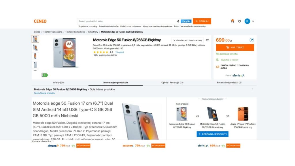 Motorola Edge 50 Fusion 8/256GB Błękitny