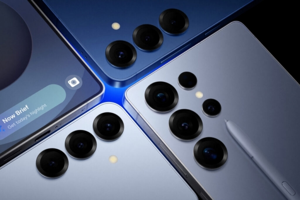 Zbliżenie na 4 telefony Samsung leżące obok siebie