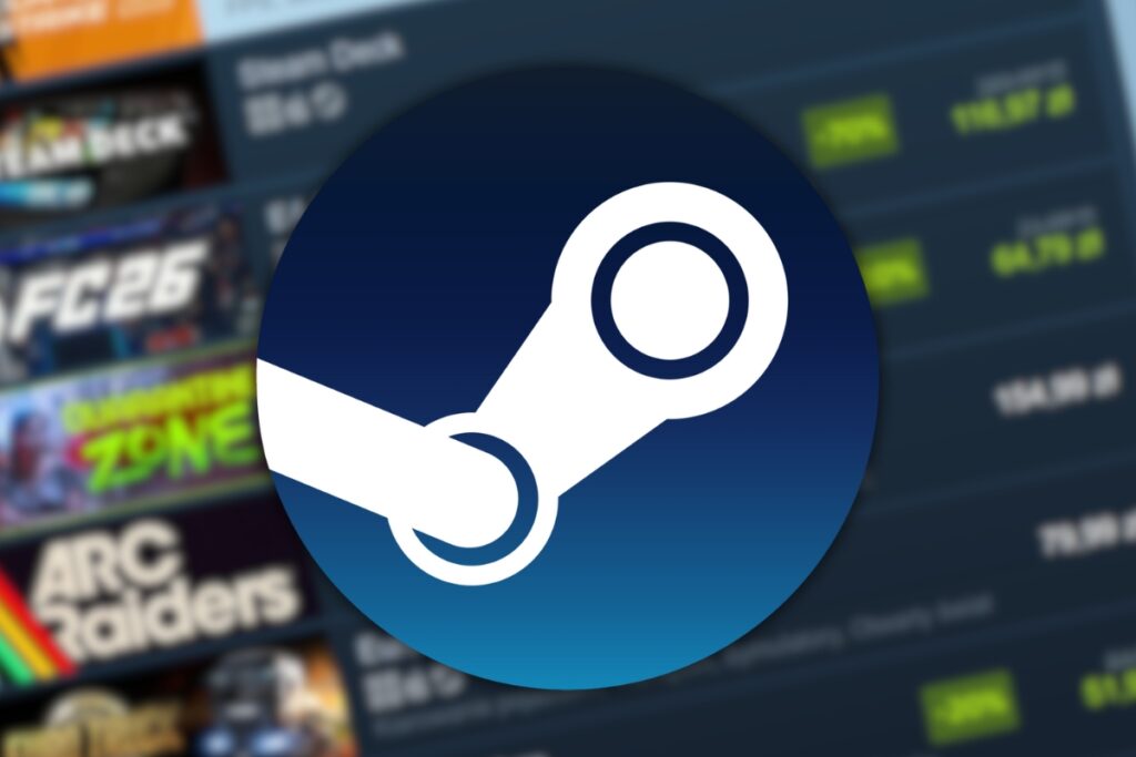 Duże logo Steam. W tle widać gry z bilbioteki steam w sklepie