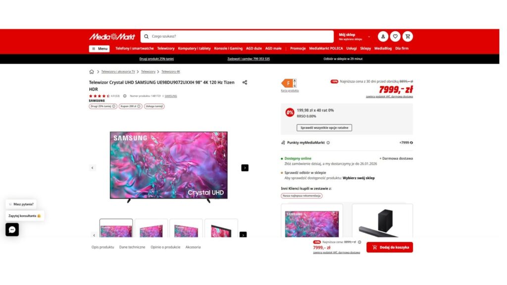 Telewizor Crystal UHD SAMSUNG UE98DU9072UXXH 98"