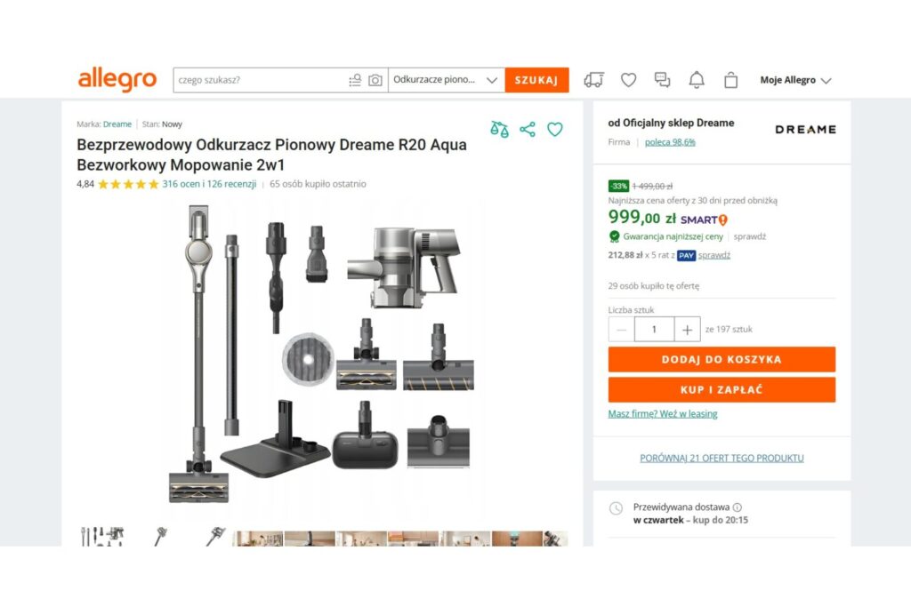 Bezprzewodowy Odkurzacz Pionowy Dreame R20 Aqua