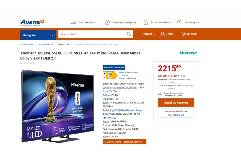 Telewizor HISENSE 55E8Q 55" MINILED