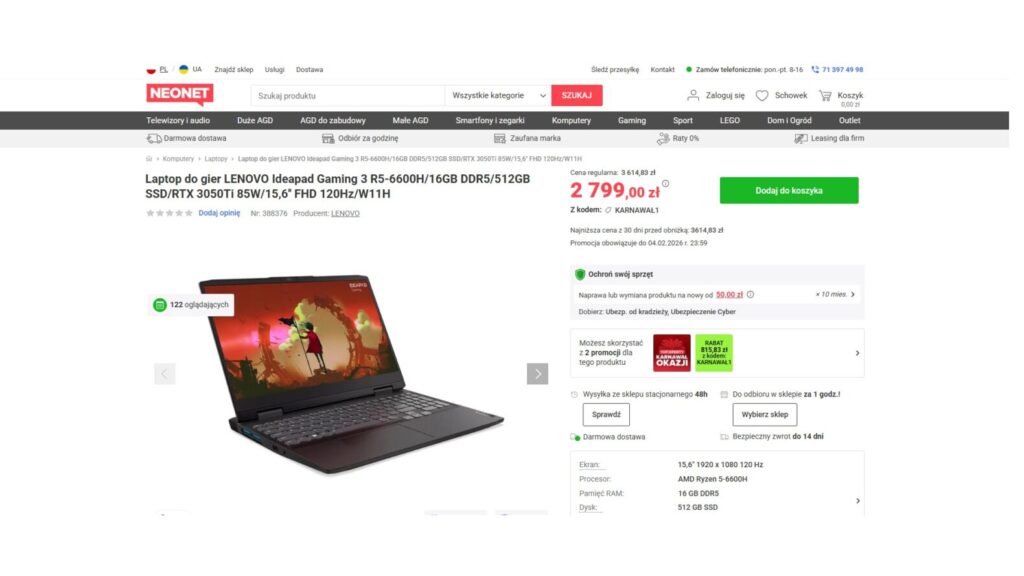 Laptop do gier LENOVO Ideapad Gaming 3 R5-6600H/16GB DDR5/512GB SSD/RTX 3050Ti 85W/15,6'' FHD 120Hz/W11H