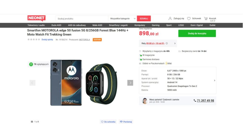 Smartfon MOTOROLA edge 50 fusion 5G 8/256GB Forest Blue 144Hz + Moto Watch Fit Trekking Green