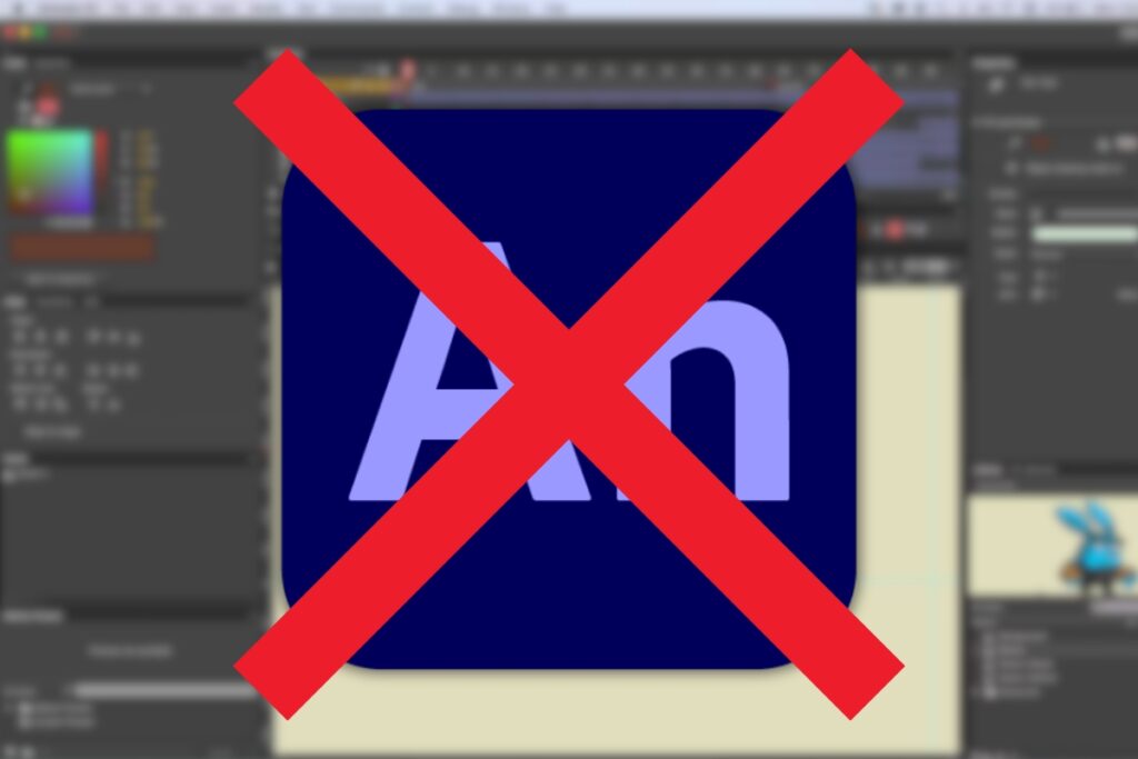 Logo adobe animate przekreślone czerwonym iksem. W tle zablurowany screen z programu.