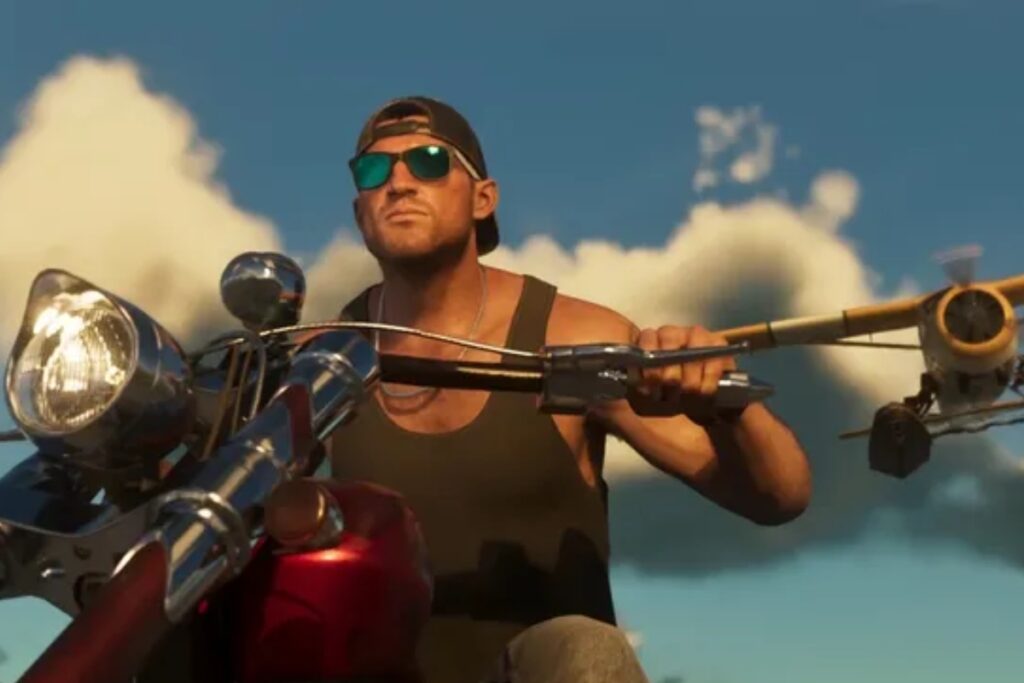 Screen z gta 6, gdzie główny protagonista jedzie na motocyklu, a na niebie leci samolot