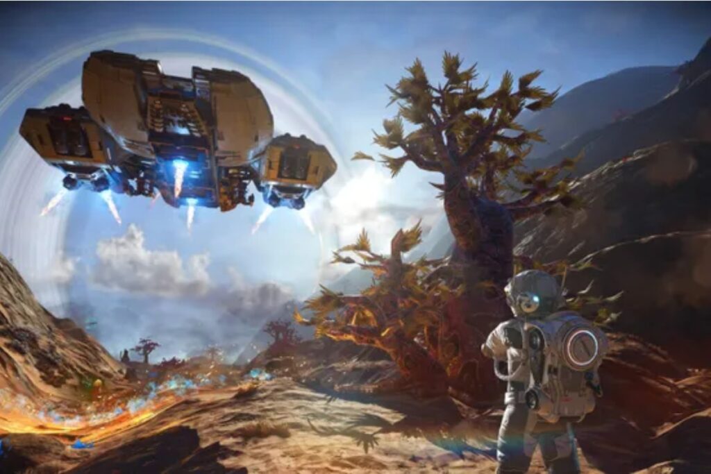 No mans sky screen z gry. Widać statek oraz postać