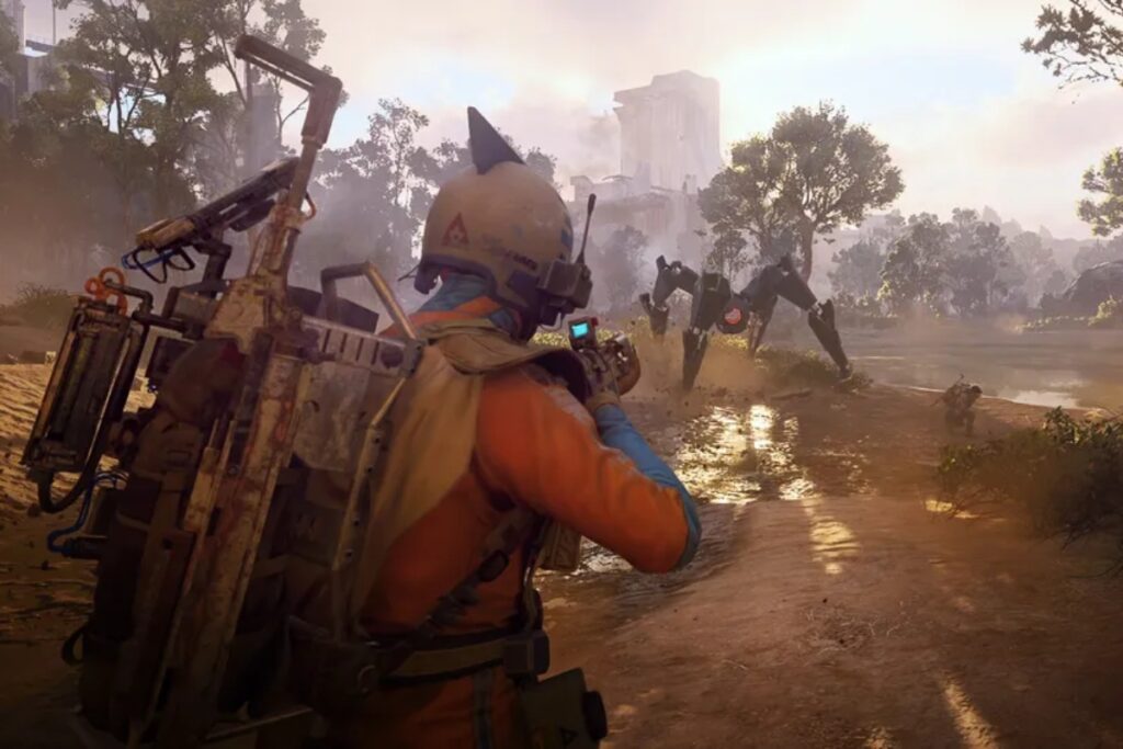 Screen z gry ARC raiders, gracz strzela do maszyny