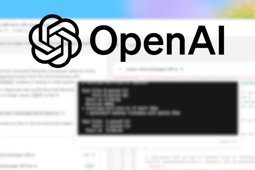 OpenAI logo, w tle aplikacja Codex zablurowana
