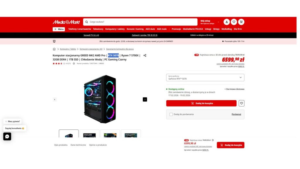 Komputer stacjonarny GREED MK2 AMD Pro | RTX 5070 | Ryzen 7 5700X | 32GB DDR4 | 1TB SSD | Chłodzenie Wodą