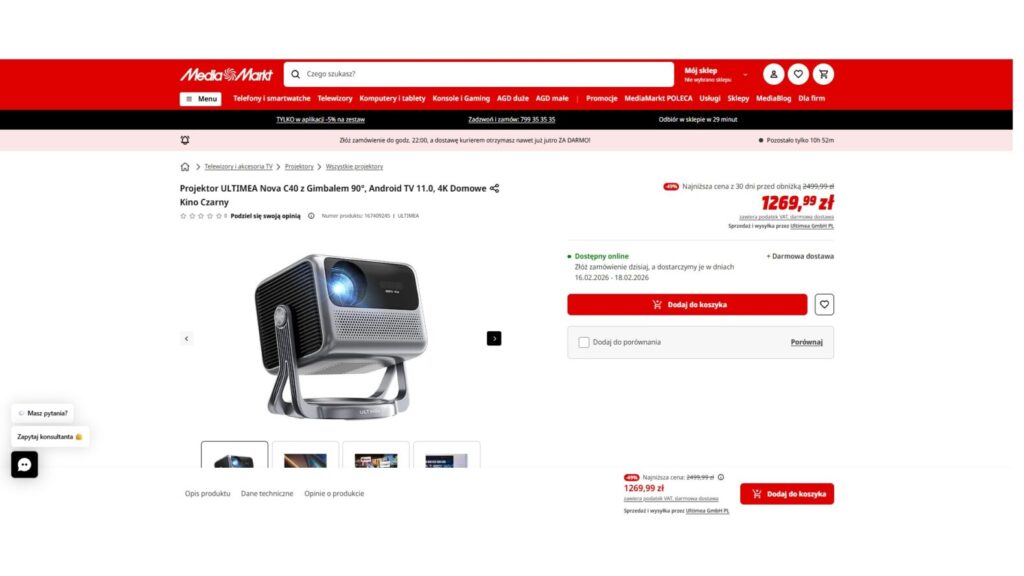 ojektor ULTIMEA Nova C40 z Gimbalem 90°, Android TV 11.0, 4K Domowe Kino