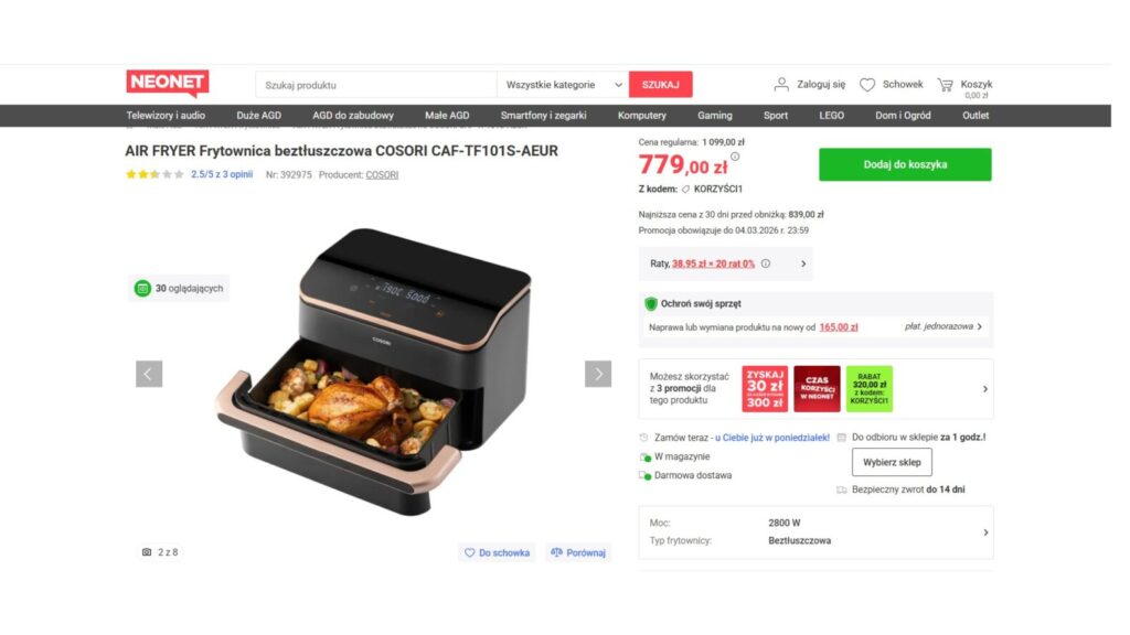 AIR FRYER Frytownica beztłuszczowa COSORI CAF-TF101S-AEUR