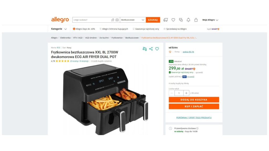 Frytkownica beztłuszczowa XXL 8L 2700W dwukomorowa ECG AIR FRYER DUAL POT
