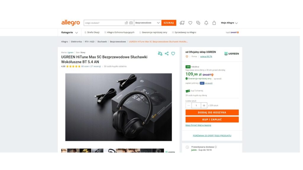 UGREEN HiTune Max 5C Bezprzewodowe Słuchawki Wokółuszne BT 5.4 AN
