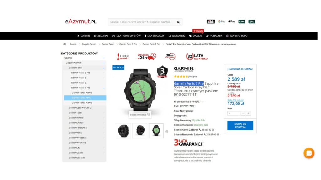 Zegarek Garmin Fenix 7 Pro Sapphire Solar
