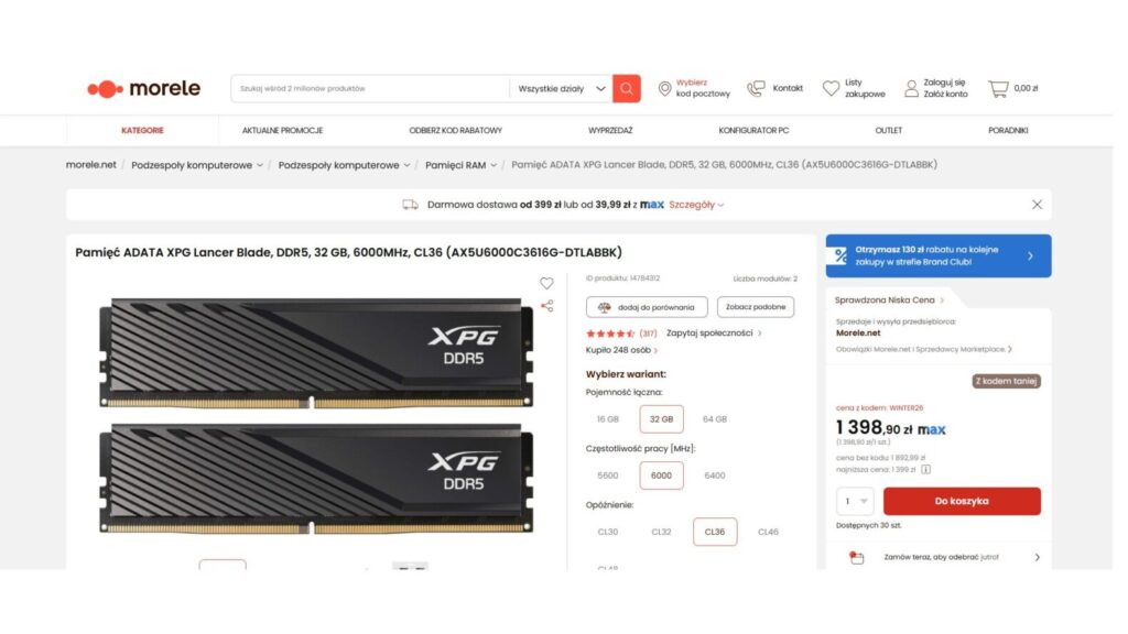 Pamięć ADATA XPG Lancer Blade, DDR5, 32 GB, 6000MHz, CL36