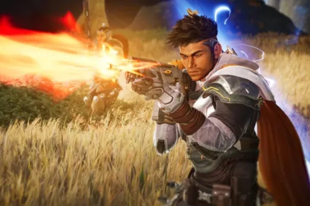 Screen z gry highguard. Postac strzela wiązką promieni