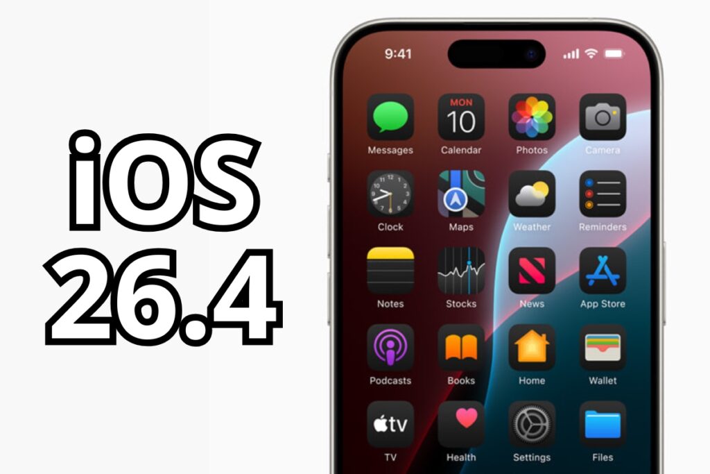 Screen z telefonu Iphone i obok napis "iOS 26.4"