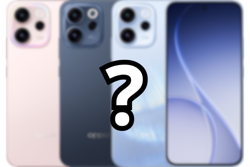 Zablurowane kilka telefonów Oppo. Z przodu pytajnik.