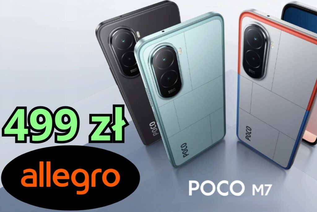 Promocja na smartfona Poco m7. Logo allegro oraz 499zł.